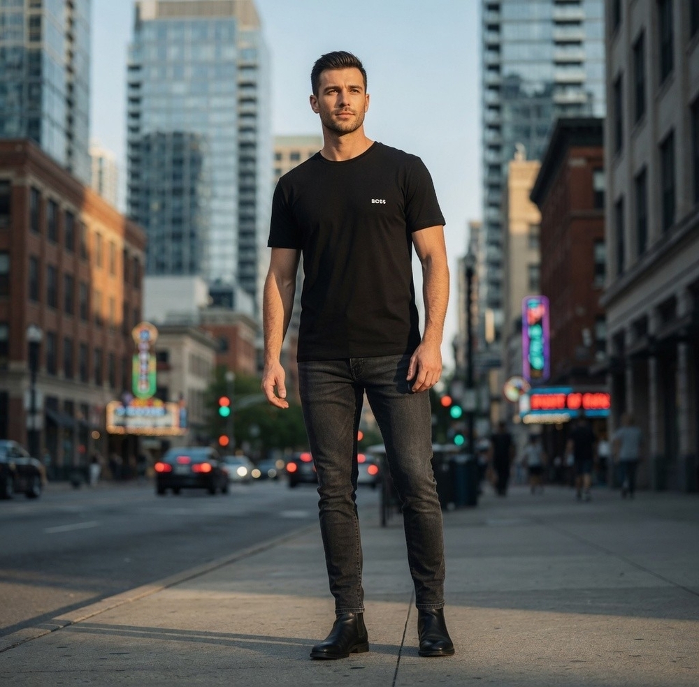 Hugo Boss Men's Contrast Logo Embroidery Regular Fit Cotton Stretch Tee L Black